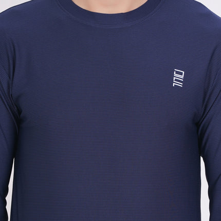 Men Solid Round Neck Polyester Full Sleeve Navy Blue T-Shirt