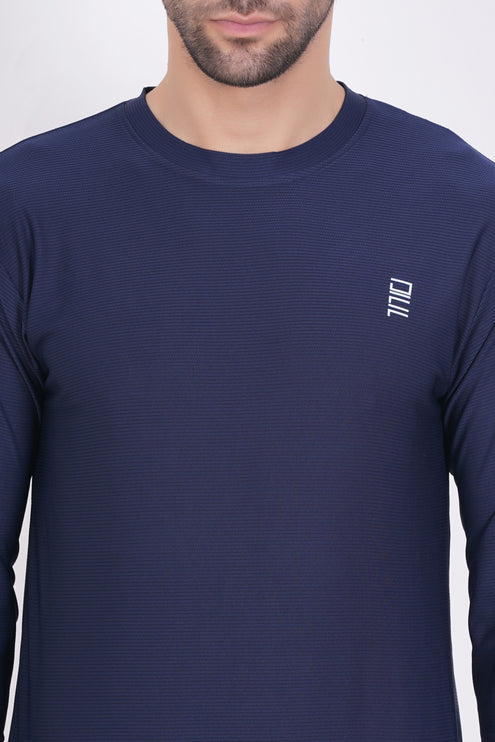 Men Solid Round Neck Polyester Full Sleeve Navy Blue T-Shirt