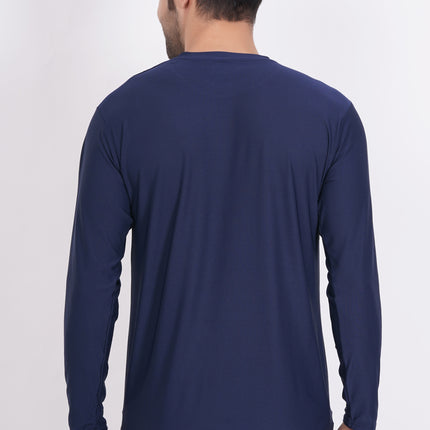 Men Solid Round Neck Polyester Full Sleeve Navy Blue T-Shirt