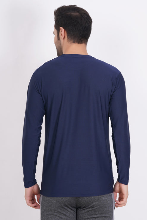 Men Solid Round Neck Polyester Full Sleeve Navy Blue T-Shirt