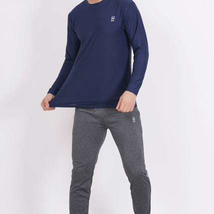 Men Solid Round Neck Polyester Full Sleeve Navy Blue T-Shirt