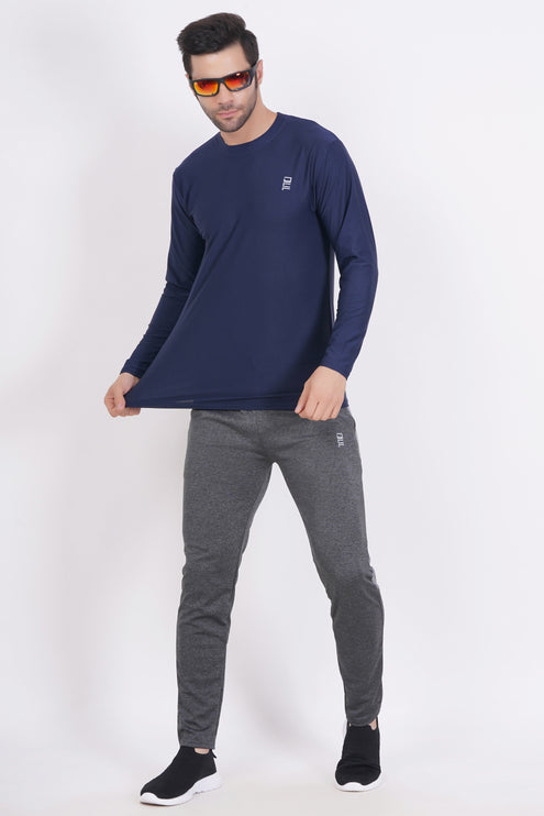 Men Solid Round Neck Polyester Full Sleeve Navy Blue T-Shirt