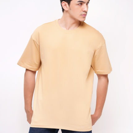 Solids: Heavy GSM Beige Drop Shoulder T-Shirts
