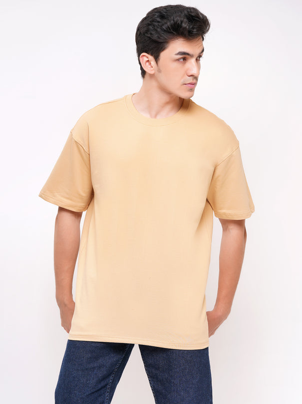 Solids: Heavy GSM Beige Drop Shoulder T-Shirts