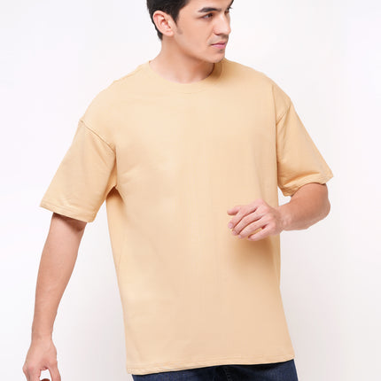 Solids: Heavy GSM Beige Drop Shoulder T-Shirts