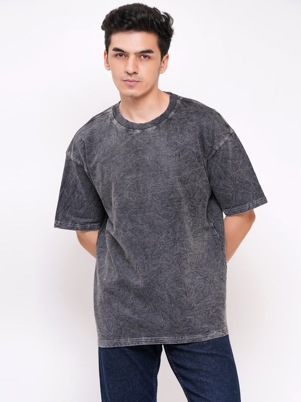 SOLIDS: HEAVY GSM ACID WASH BLACK DROP SHOULDER T-SHIRTS