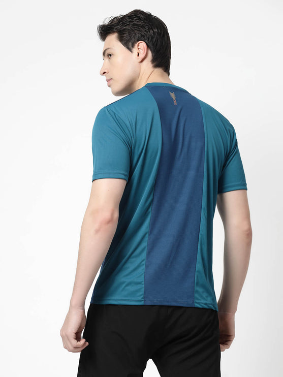 Men Sporty Round Neck Polyester Teal Blue T-Shirt