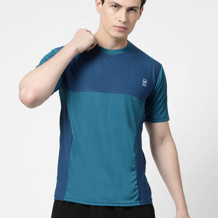 Men Sporty Round Neck Polyester Teal Blue T-Shirt