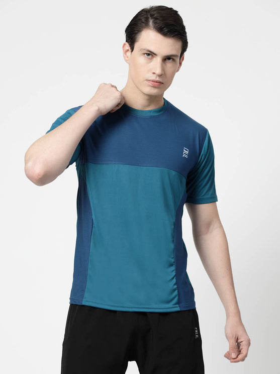 Men Sporty Round Neck Polyester Teal Blue T-Shirt