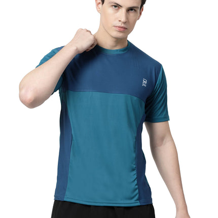 Men Sporty Round Neck Polyester Teal Blue T-Shirt