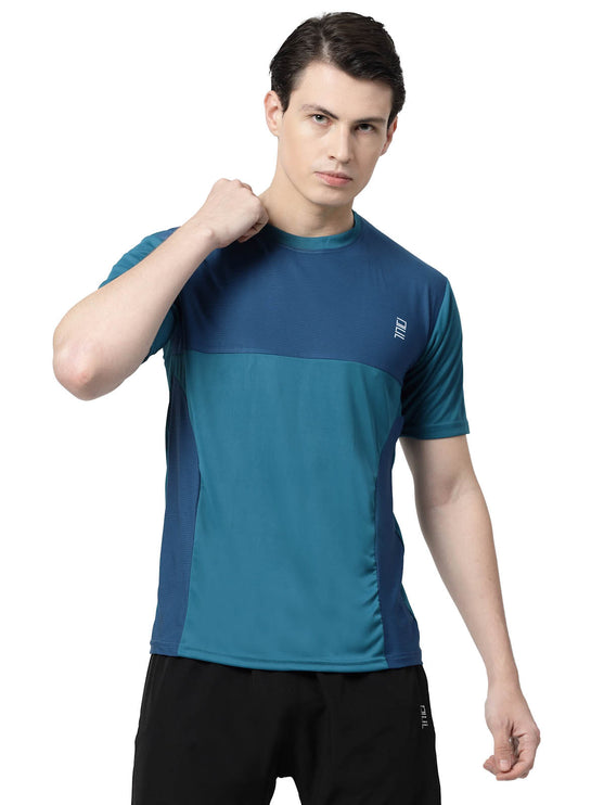 Men Sporty Round Neck Polyester Teal Blue T-Shirt