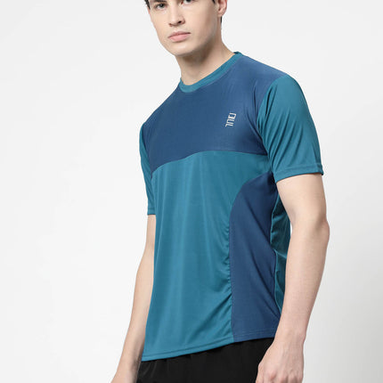 Men Sporty Round Neck Polyester Teal Blue T-Shirt