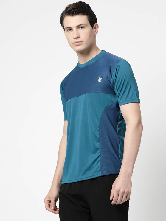 Men Sporty Round Neck Polyester Teal Blue T-Shirt