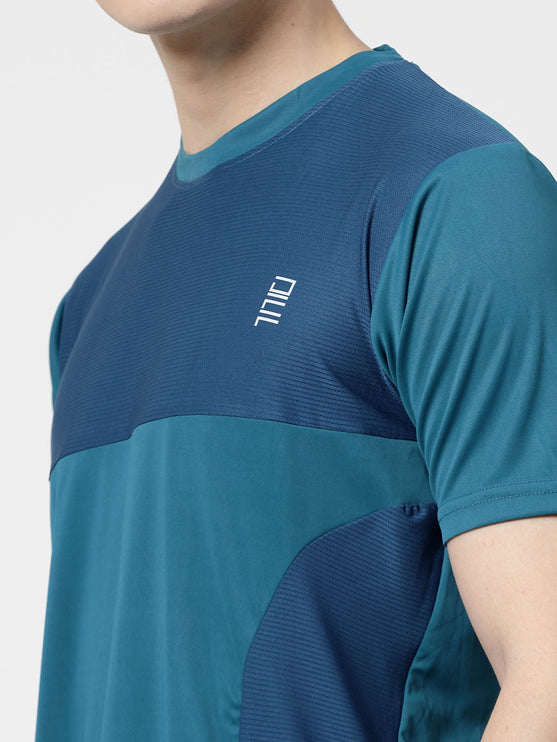 Men Sporty Round Neck Polyester Teal Blue T-Shirt