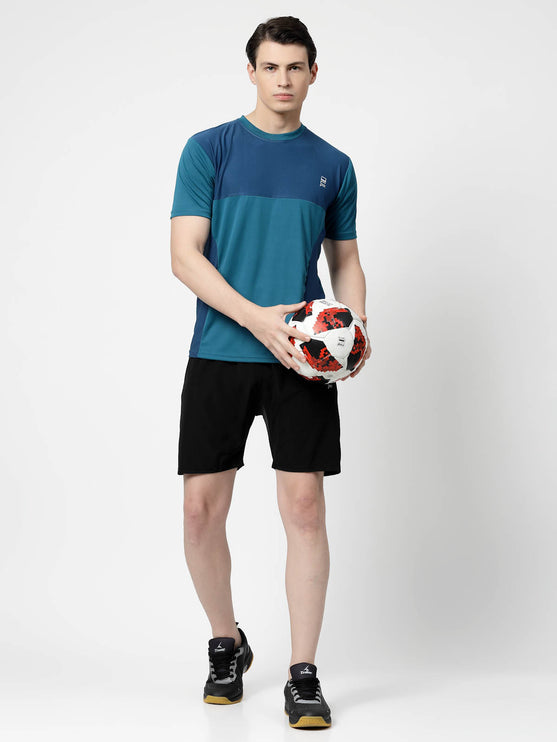 Men Sporty Round Neck Polyester Teal Blue T-Shirt