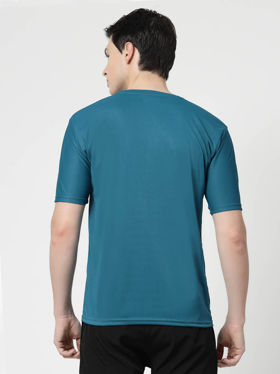 Men Solid Round Neck Half Sleeve Polyester Teal Blue T-Shirt