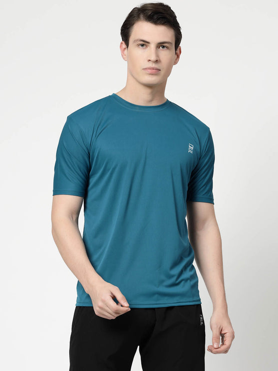 Men Solid Round Neck Half Sleeve Polyester Teal Blue T-Shirt