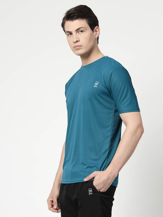 Men Solid Round Neck Half Sleeve Polyester Teal Blue T-Shirt