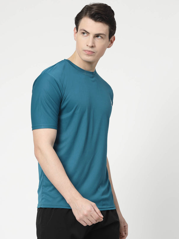 Men Solid Round Neck Half Sleeve Polyester Teal Blue T-Shirt