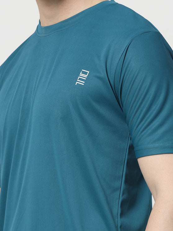 Men Solid Round Neck Half Sleeve Polyester Teal Blue T-Shirt