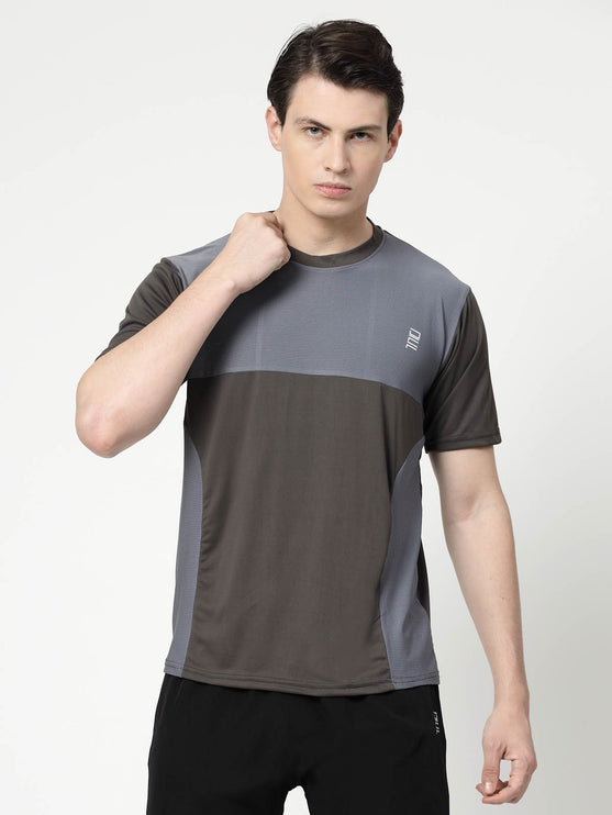 Men Sporty Round Neck Polyester Grey T-Shirt