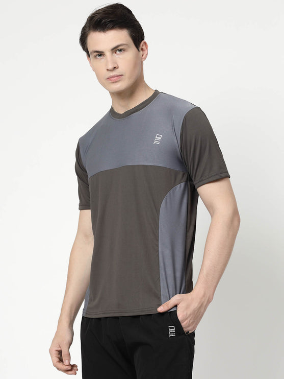 Men Sporty Round Neck Polyester Grey T-Shirt