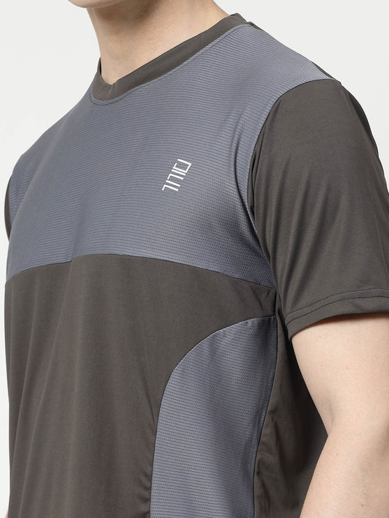 Men Sporty Round Neck Polyester Grey T-Shirt