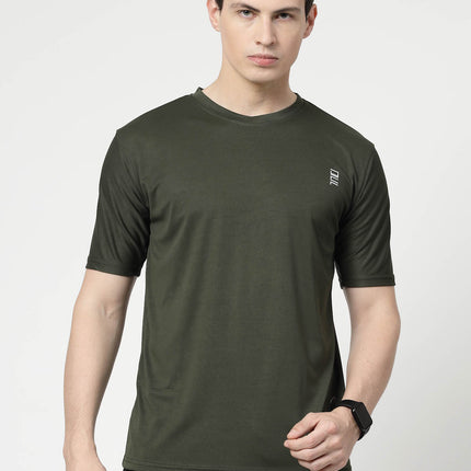 Men Solid Round Neck Half Sleeve Polyester Olive T-Shirt