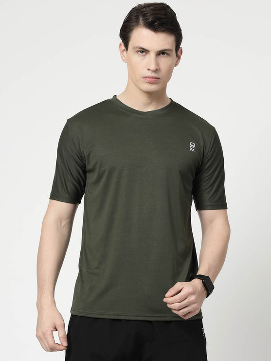 Men Solid Round Neck Half Sleeve Polyester Olive T-Shirt