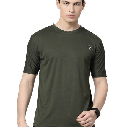 Men Solid Round Neck Half Sleeve Polyester Olive T-Shirt