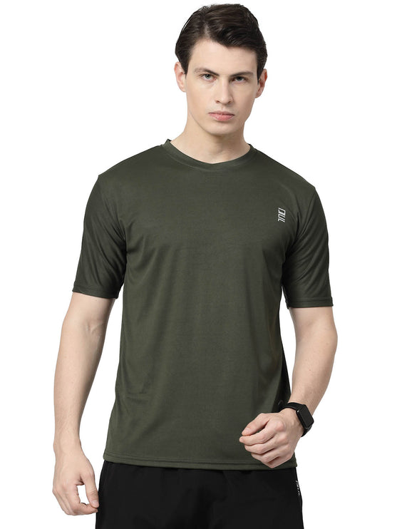 Men Solid Round Neck Half Sleeve Polyester Olive T-Shirt