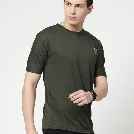 Men Solid Round Neck Half Sleeve Polyester Olive T-Shirt