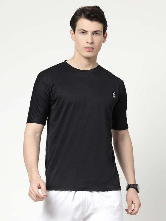 Men Solid Round Neck Half Sleeve Polyester Black T-Shirt