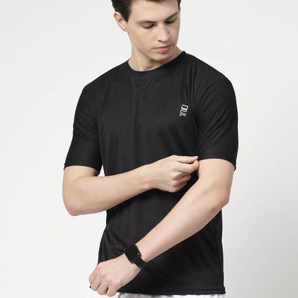 Men Solid Round Neck Half Sleeve Polyester Black T-Shirt