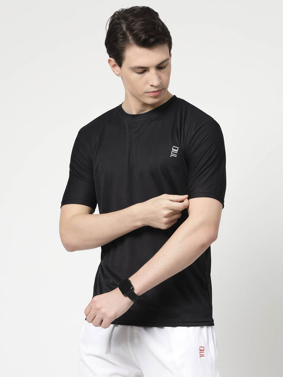 Men Solid Round Neck Half Sleeve Polyester Black T-Shirt