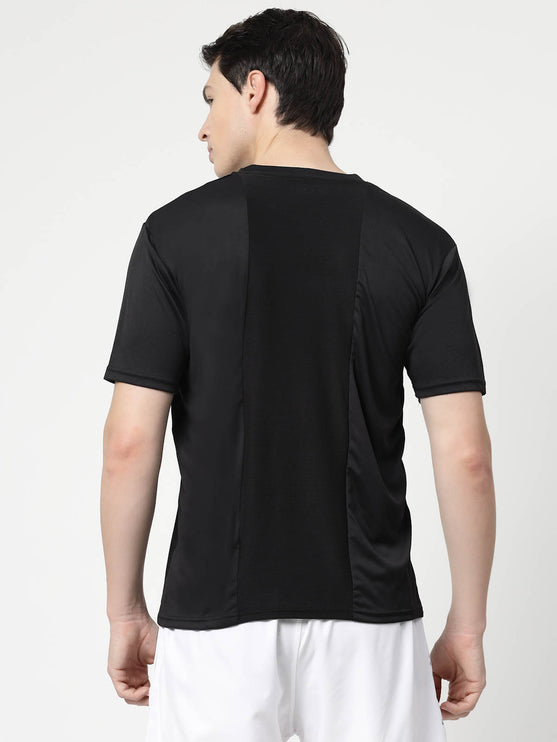 Men Sporty Round Neck Polyester Black T-Shirt