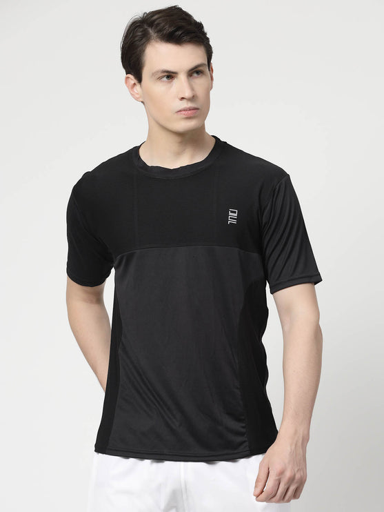 Men Sporty Round Neck Polyester Black T-Shirt