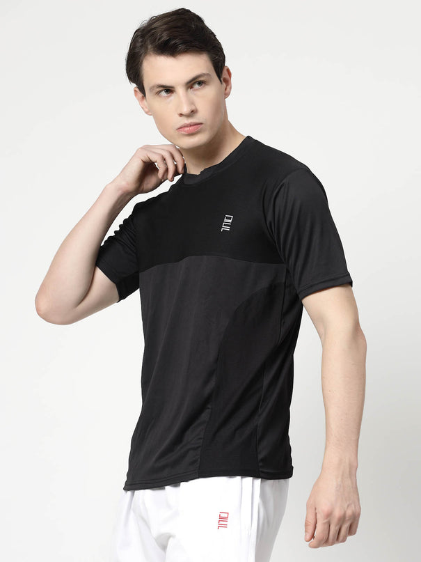 Men Sporty Round Neck Polyester Black T-Shirt