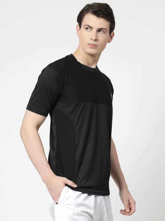 Men Sporty Round Neck Polyester Black T-Shirt