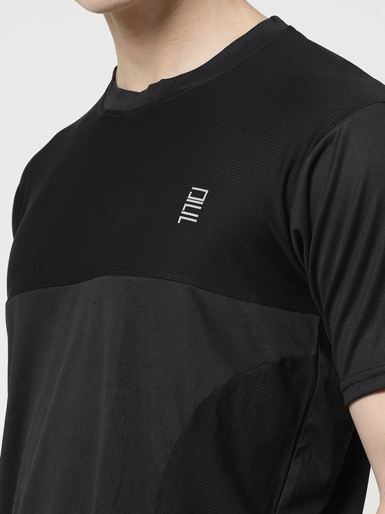 Men Sporty Round Neck Polyester Black T-Shirt