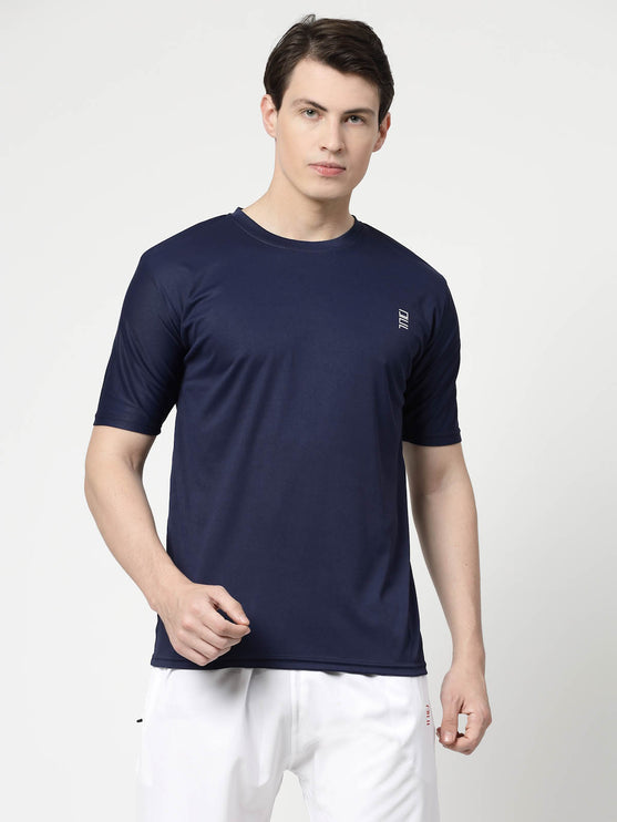 Men Solid Round Neck Half Sleeve Polyester Navy Blue T-Shirt