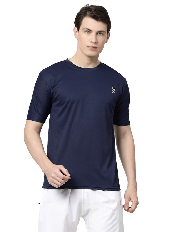 Men Solid Round Neck Half Sleeve Polyester Navy Blue T-Shirt