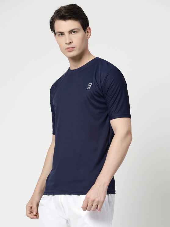 Men Solid Round Neck Half Sleeve Polyester Navy Blue T-Shirt