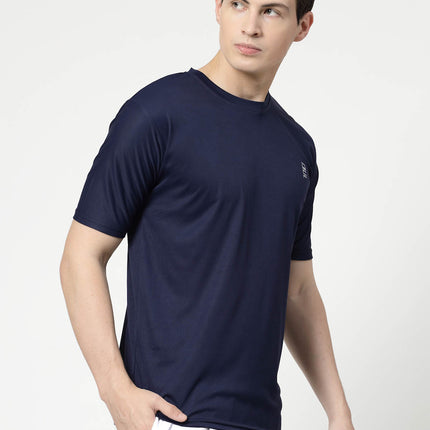 Men Solid Round Neck Half Sleeve Polyester Navy Blue T-Shirt