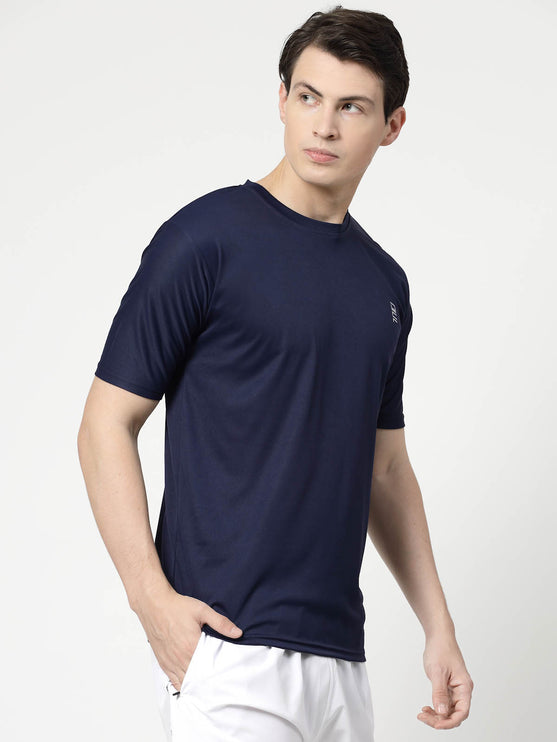 Men Solid Round Neck Half Sleeve Polyester Navy Blue T-Shirt