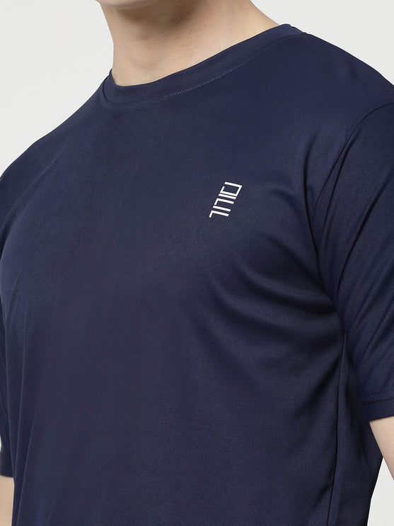 Men Solid Round Neck Half Sleeve Polyester Navy Blue T-Shirt