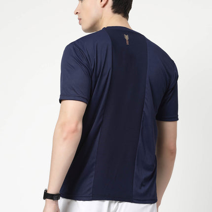 Men Sporty Round Neck Polyester Navy Blue T-Shirt