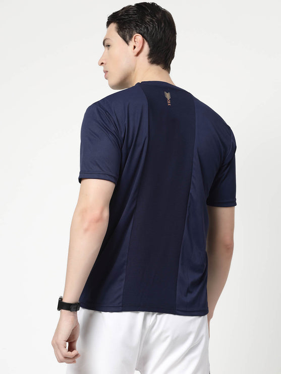 Men Sporty Round Neck Polyester Navy Blue T-Shirt