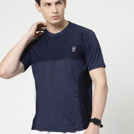 Men Sporty Round Neck Polyester Navy Blue T-Shirt