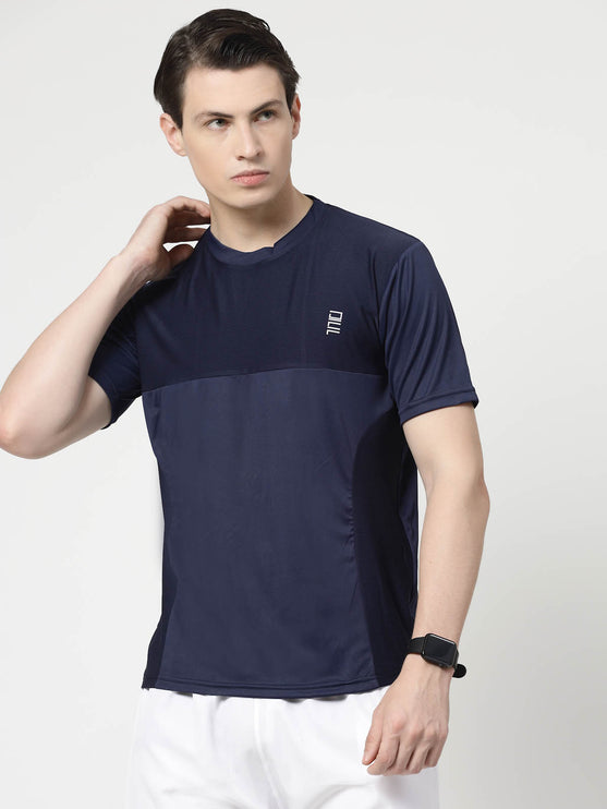 Men Sporty Round Neck Polyester Navy Blue T-Shirt